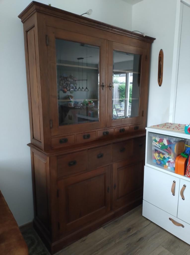 Prachtige houten servieskast met glazen deuren, Ophalen, Gebruikt, Klassiek, 25 tot 50 cm