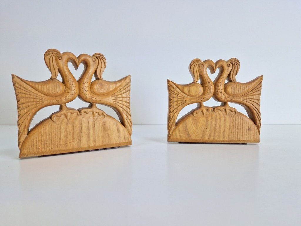Vintage boekensteun hout vogels Denmark handmade ‘60, Gebruikt, Ophalen of Verzenden