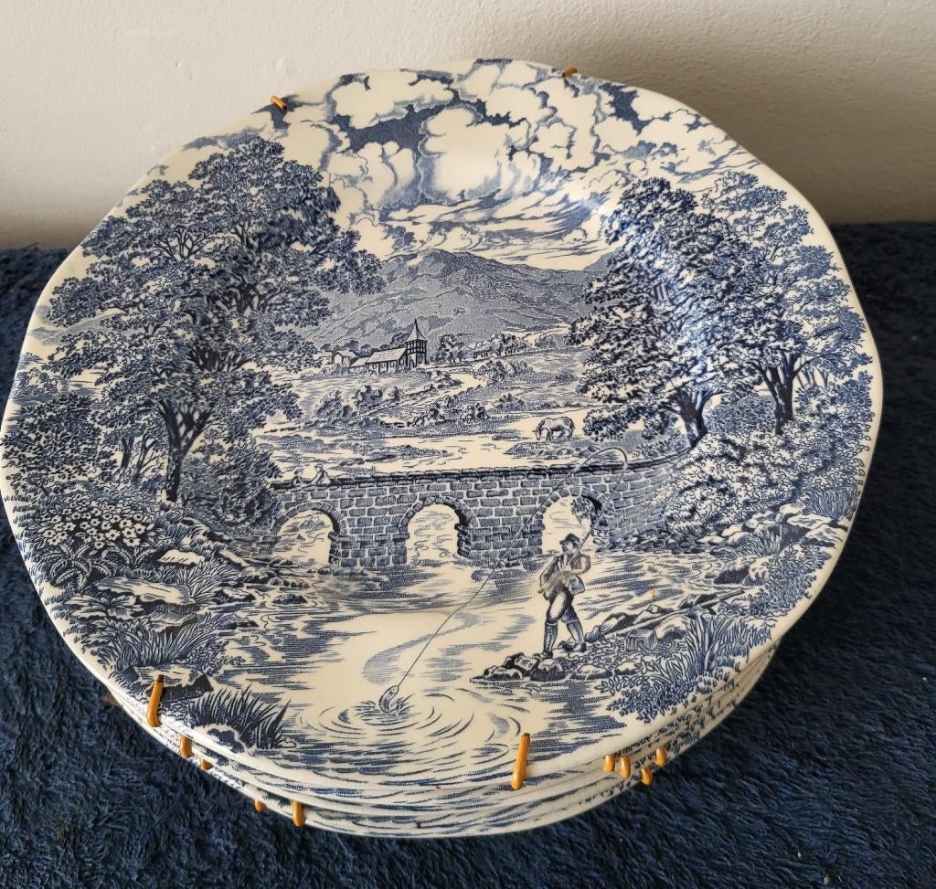 5 engelse Crown Ducal bridge scènes borden blauw wit, Ophalen, Overige materialen, Overige stijlen, Bord(en)