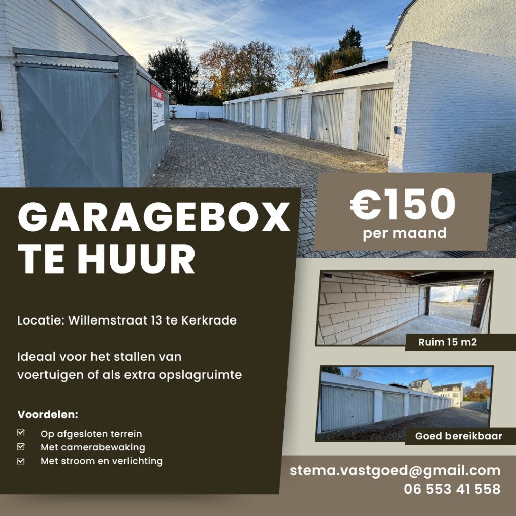 TE HUUR Garagebox, MET STROOM!, Willemstraat 13, Kerkrade, Limburg
