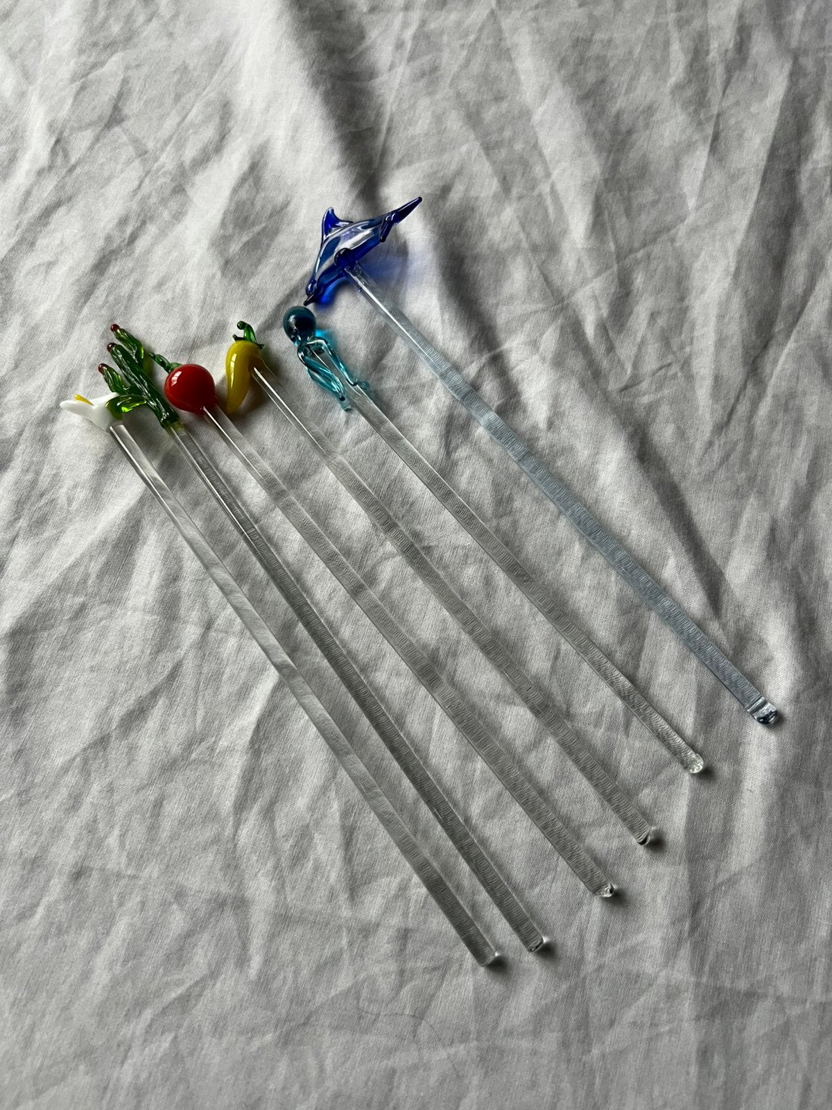 Vintage glazen roerstokjes handgemaakte figuurtjes set van 6, Ophalen, Glas, Vintage, Overige typen
