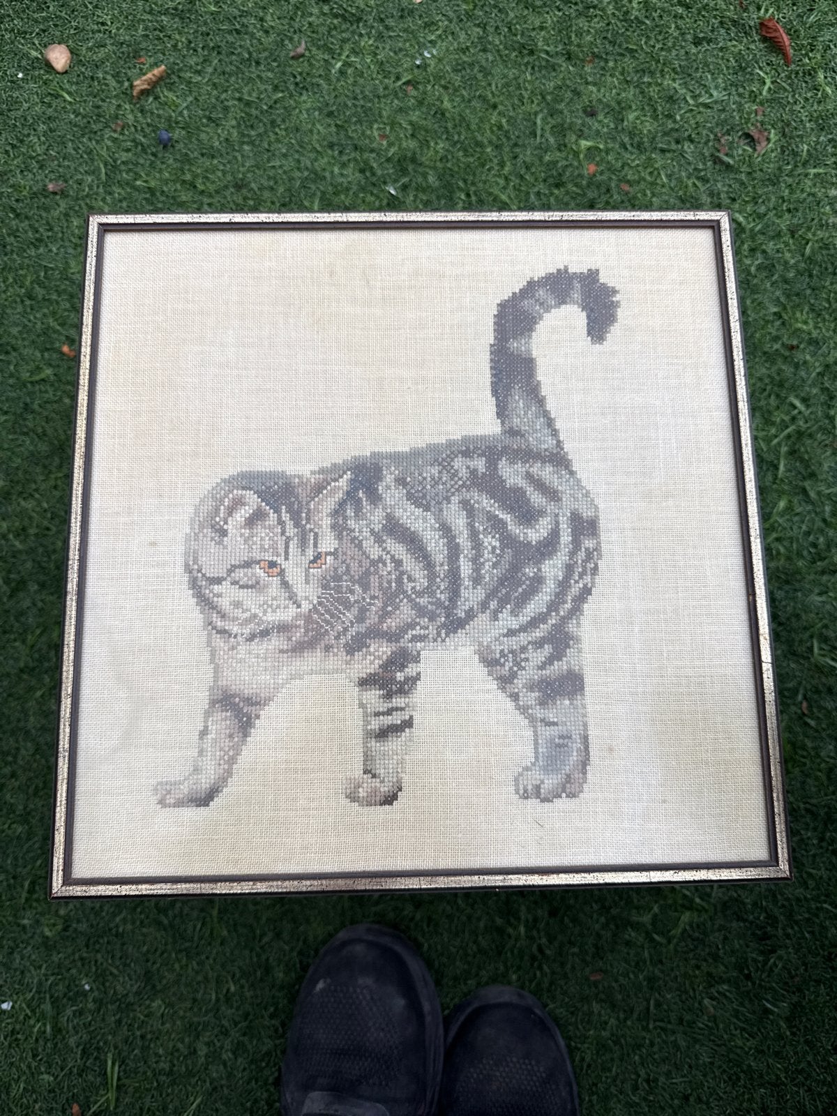 Geborduurd schilderij van kat in lijst - Martin Blöte, Ophalen, Overige typen, Overige technieken, Handgemaakt