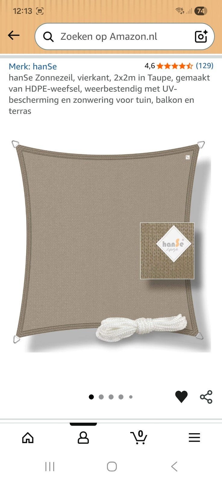 HanSe schaduwdoek/zonnezeil 2x2 Taupe NIEUW, Ophalen of Verzenden, Nieuw