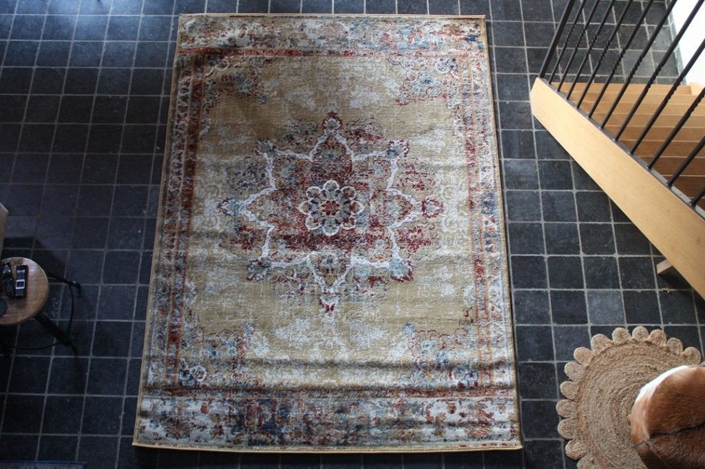 Warm Perzisch vloerkleed geel goud rood vintage 200x280, Ophalen, Blauw, 200 cm of meer, Rechthoekig