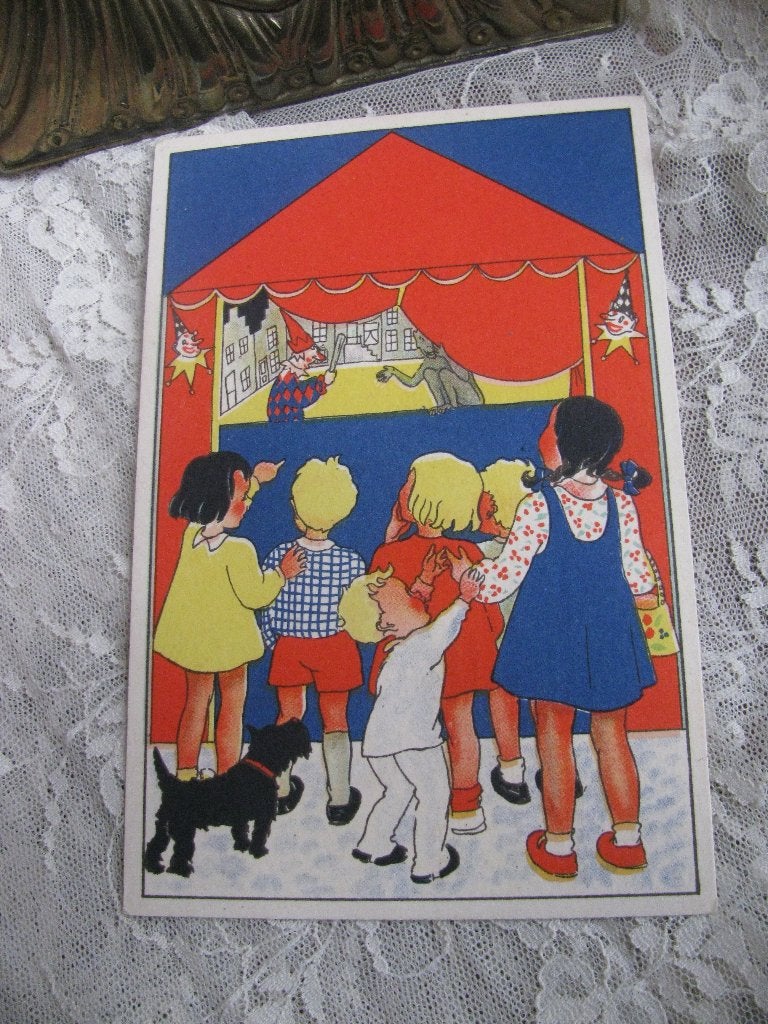 Oude Kaart - Kinderen Kijken Poppenkast / J Bijloos Reclame, Verzenden, 1920 tot 1940, Ongelopen, Kinderen