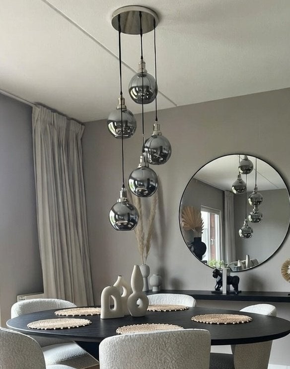 Hanglamp zilver Smoke Glas rond 5 lampenkappen, Nieuw, Glas, Modern, E27 (groot)