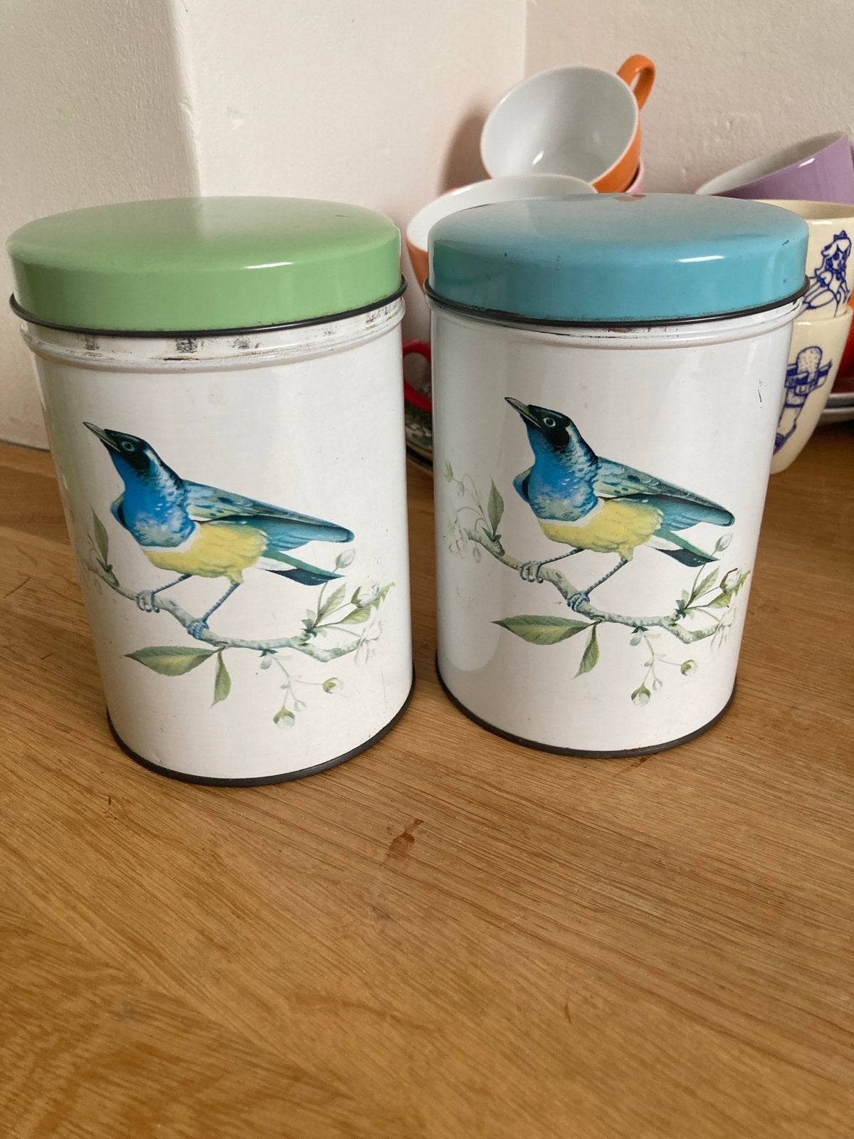 Vintage De Gruyter voorraadblikken met vogelprint (set van 2, Antiek en Kunst, Ophalen of Verzenden