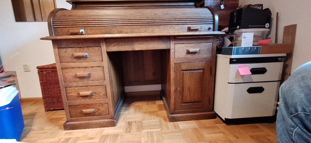 Antiek rolluikbureau van eikenhout, Ophalen, Met lades, Gebruikt, 150 cm