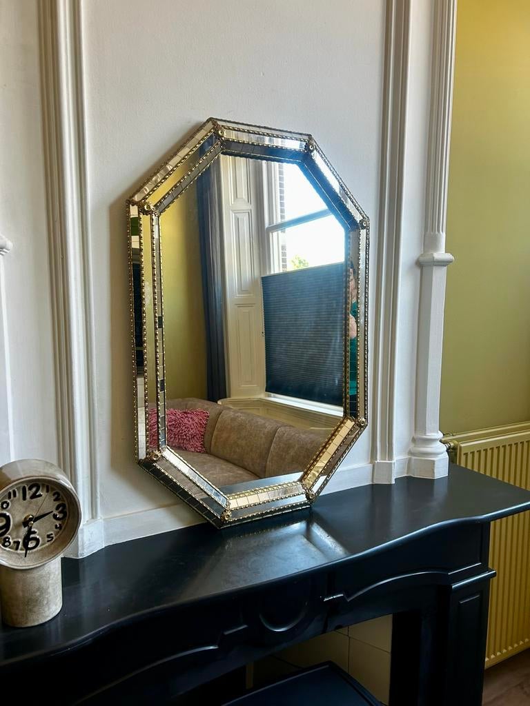 Vintage Spiegel met Gouden Rand, Ophalen, Overige vormen, 50 tot 100 cm, 100 tot 150 cm
