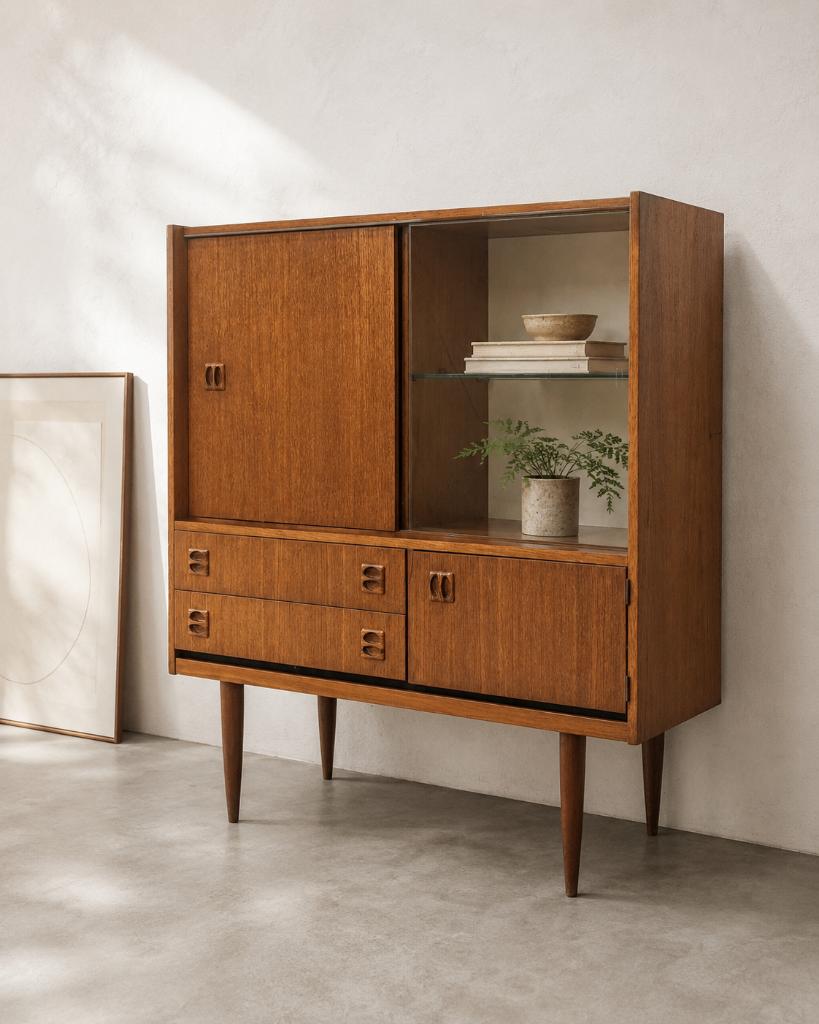 Compact Mid-Century Modern highboard in teak, Ophalen, 25 tot 50 cm, 50 tot 100 cm, Minder dan 100 cm
