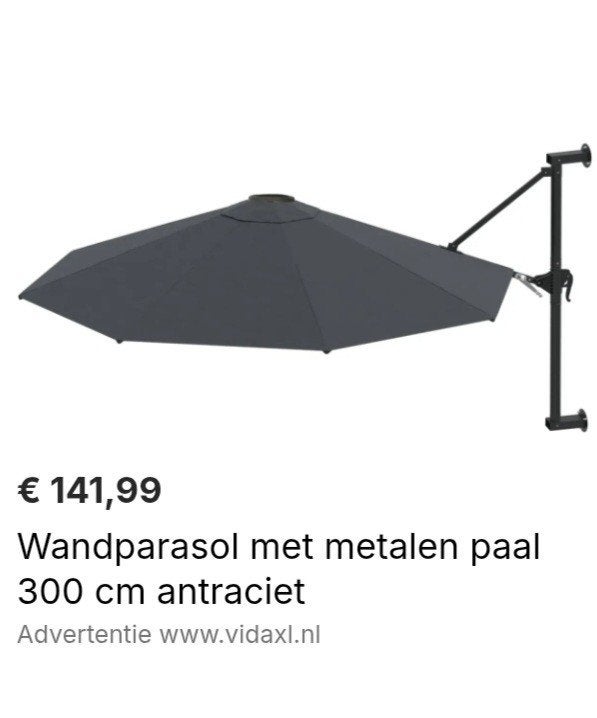 Nieuwe Wandparasol met metalen paal 300 cm antraciet, Tuin en Terras, Ophalen, Nieuw, 2 tot 3 meter, Muurparasol