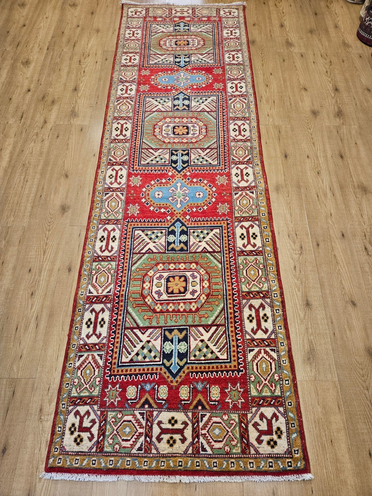 Handgeknoopt oosters tapijt loper kazak, geknoopt in afghani, Info@SlatsAntiek.nl, Crème, Perzisch, Vof Slats Antiek