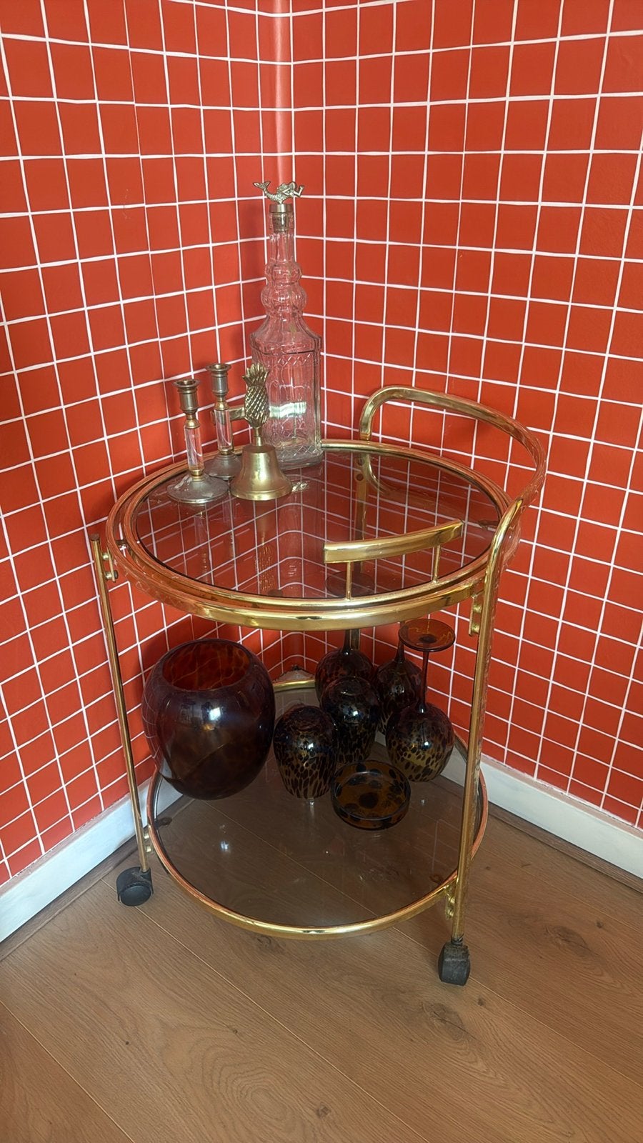 Vintage gouden serveerwagen met glazen platen, Ophalen