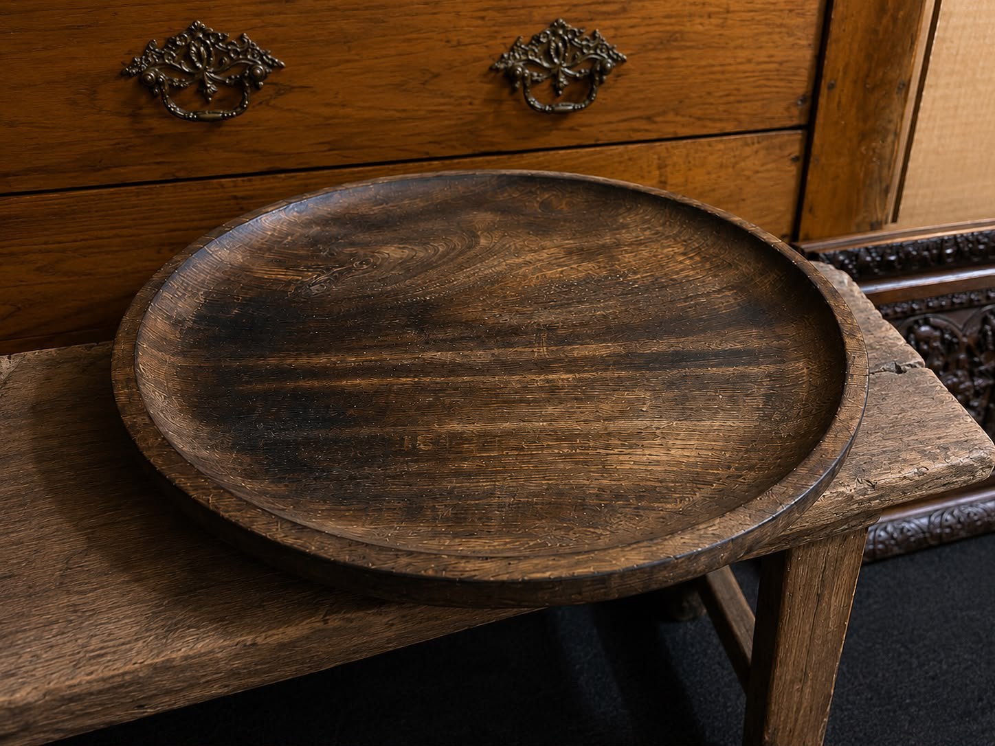 Oude houten schaal, 39 cm, Ophalen, Gebruikt, Rond, Hout