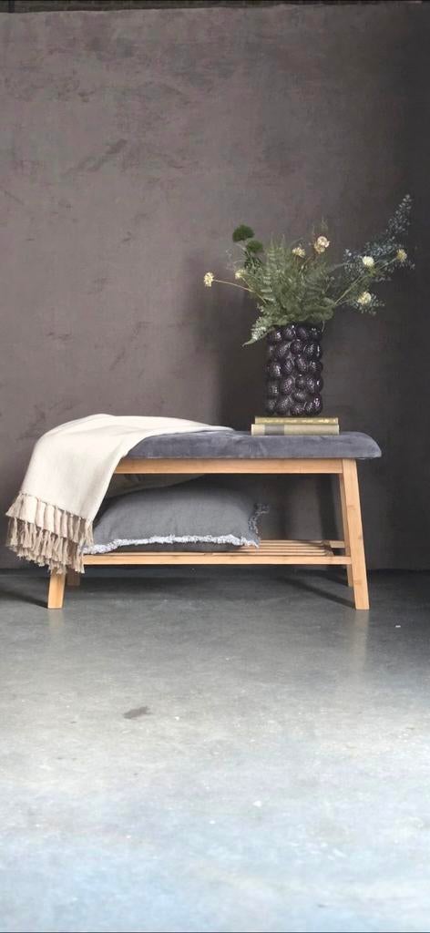 Bamboe hout bankje poef halbank halbankje velvet stof grijs, Huis en Inrichting, Ophalen, Modern, Scandinavisch, 100 tot 125 cm
