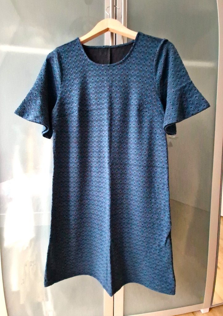 H&M jurk blauw zwart trompetmouwen maat L, H&M, Maat 42/44 (L), Nieuw, Boven de knie