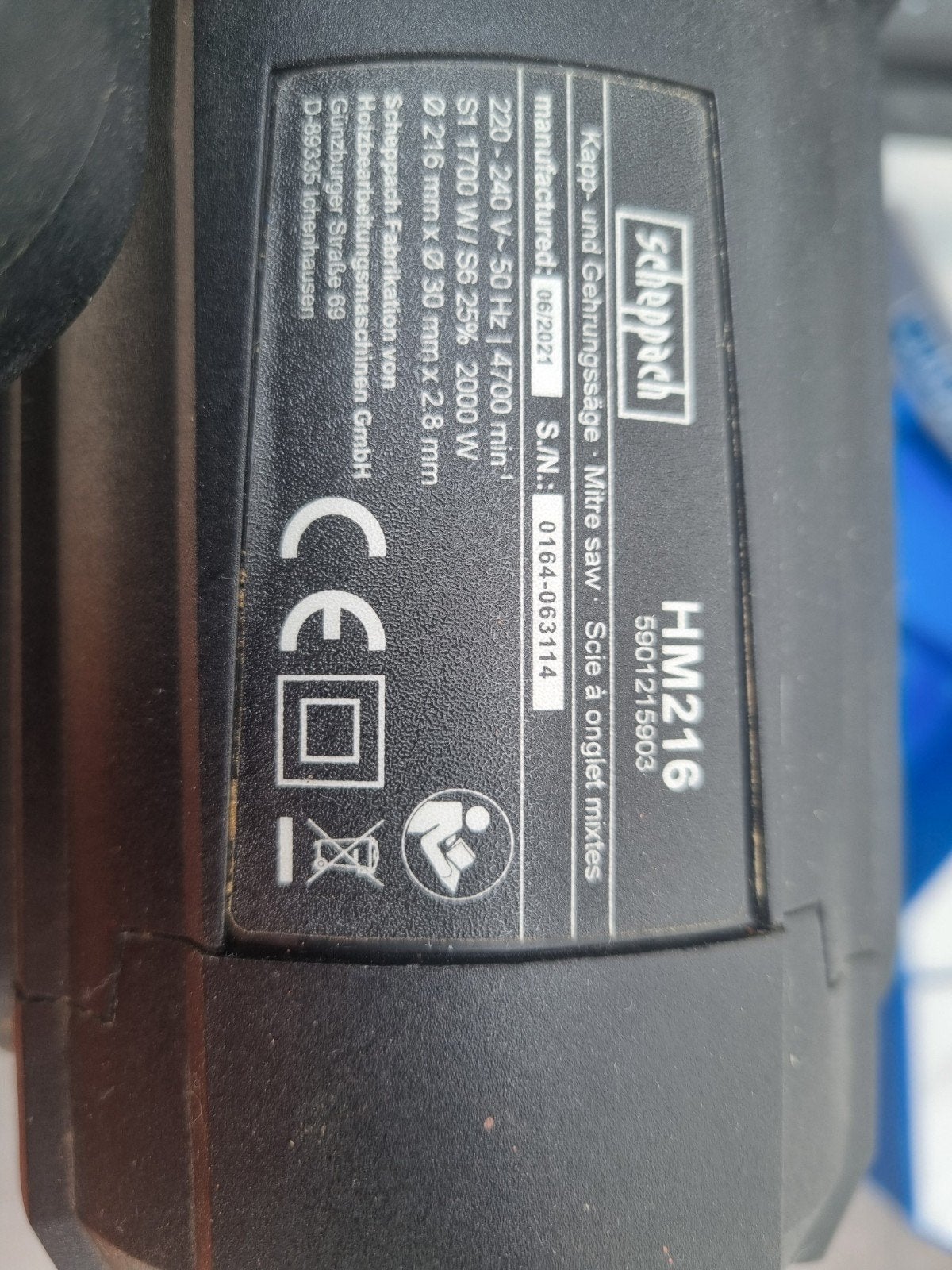 Afkortzaag  scheppach hm216, Ophalen of Verzenden, Zo goed als nieuw, Afkortzaag, 1200 watt of meer