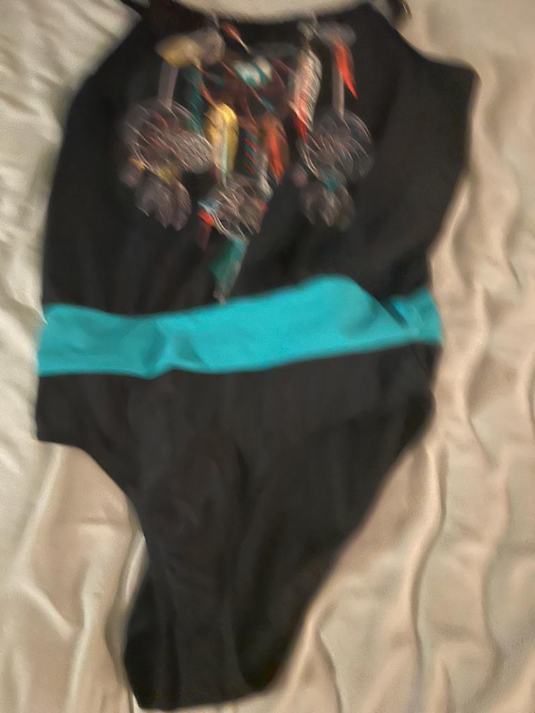 Mooi badpak mt 42 D met verenprint, Ophalen of Verzenden, Gedragen, Zwart, Badpak