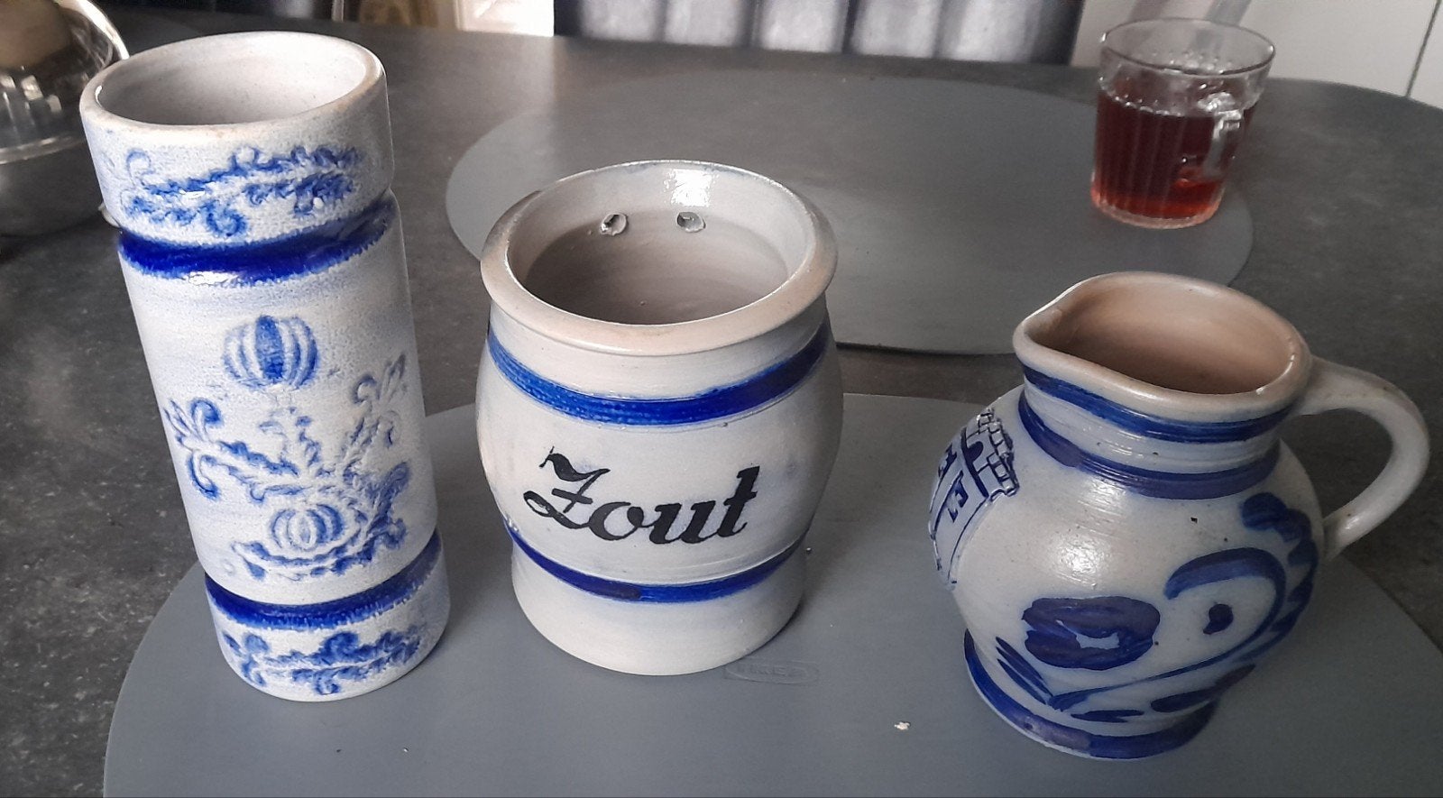 Vintage zoutpot vaas schenkkan grijs blauw, Ophalen of Verzenden