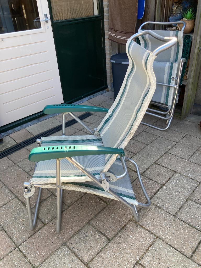 2 Dukdalf tuinstoelen met voetenbankje super licht, Ophalen, Gebruikt, Aluminium, Verstelbaar