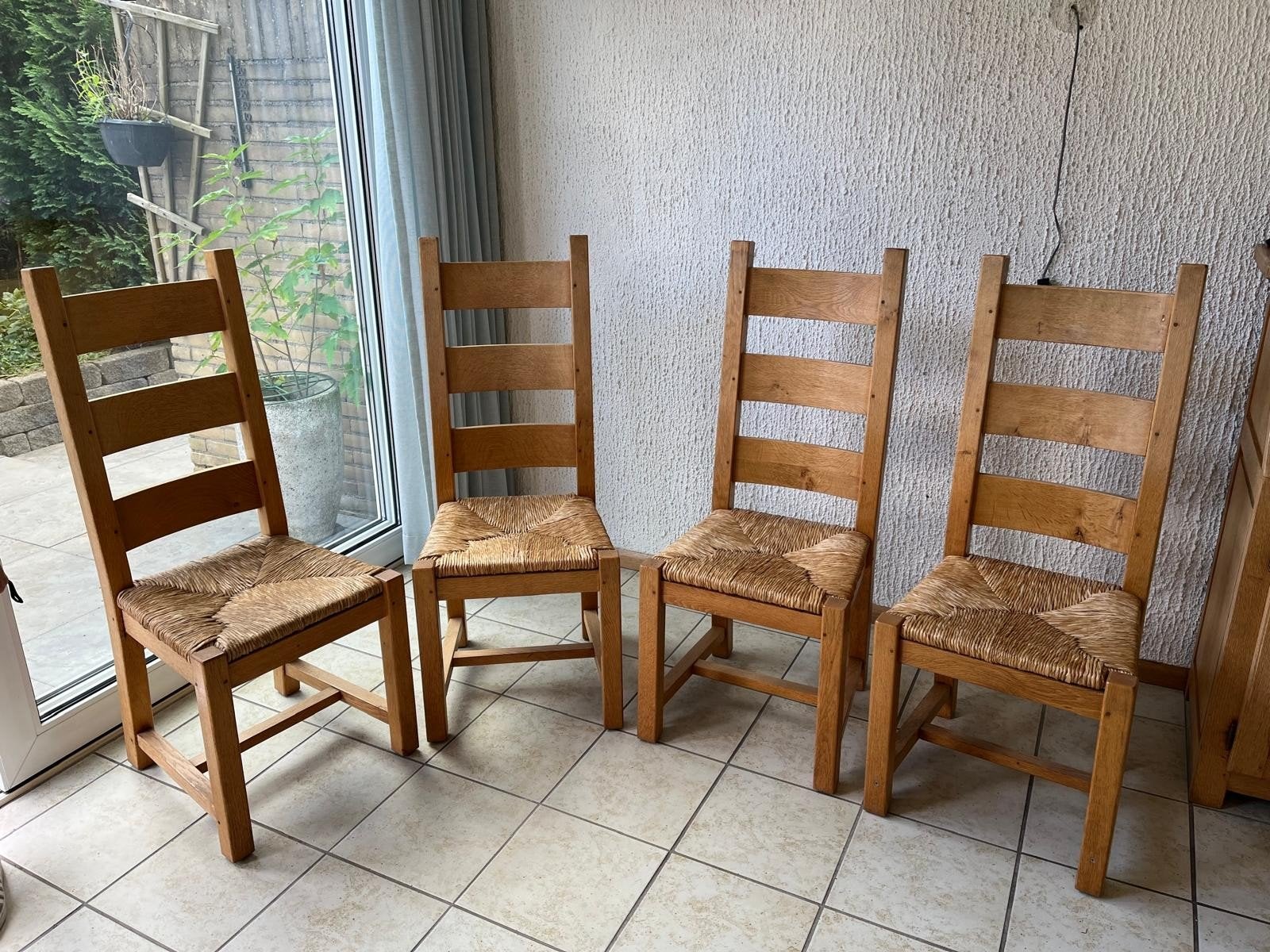 4 Licht eiken eetkamerstoelen, gratis (i.g.st.), Ophalen, Gebruikt, Bruin, Vier