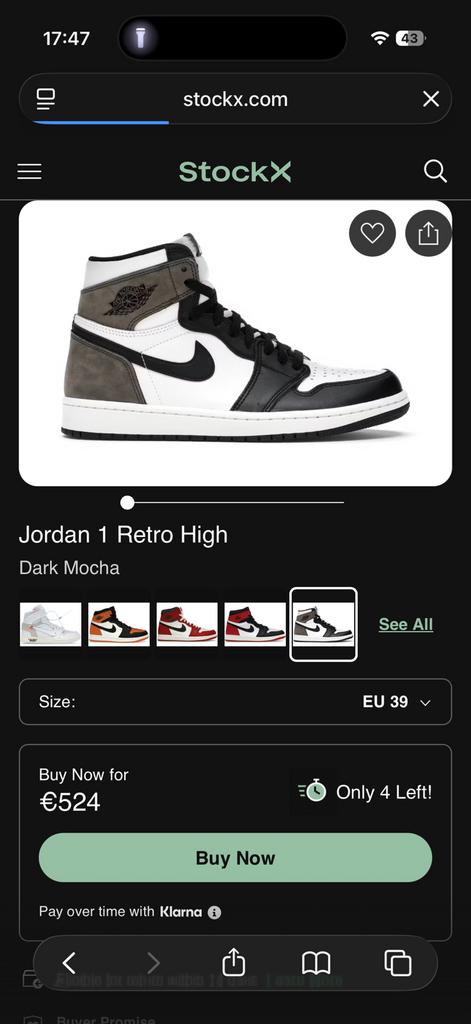 Jordan 1 Retro High Dark Mocha - Maat 39, Ophalen of Verzenden, Zo goed als nieuw, Bruin, Sneakers of Gympen