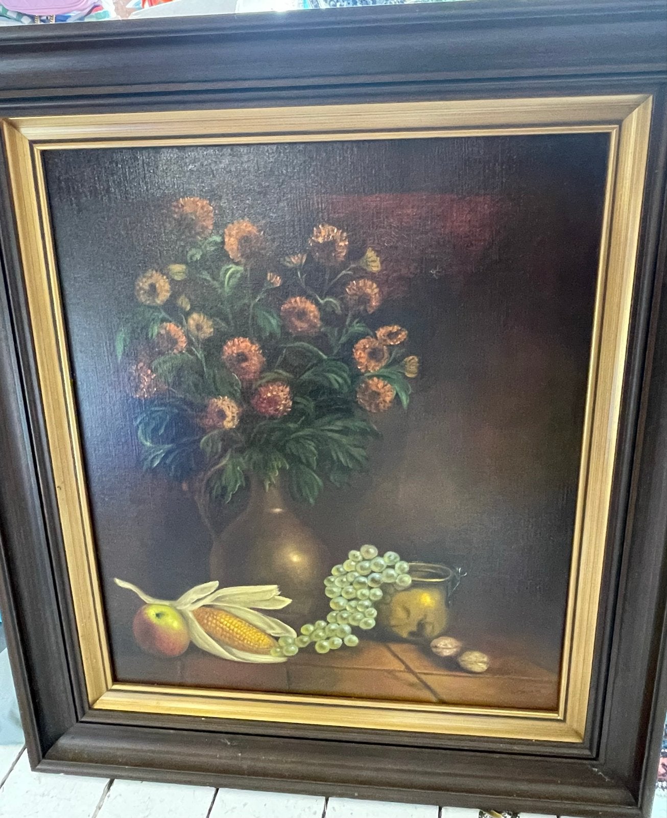 Klassiek olieverf stilleven: bloemen en fruit, Antiek en Kunst, Doek, Stilleven, Ophalen of Verzenden, Olieverf