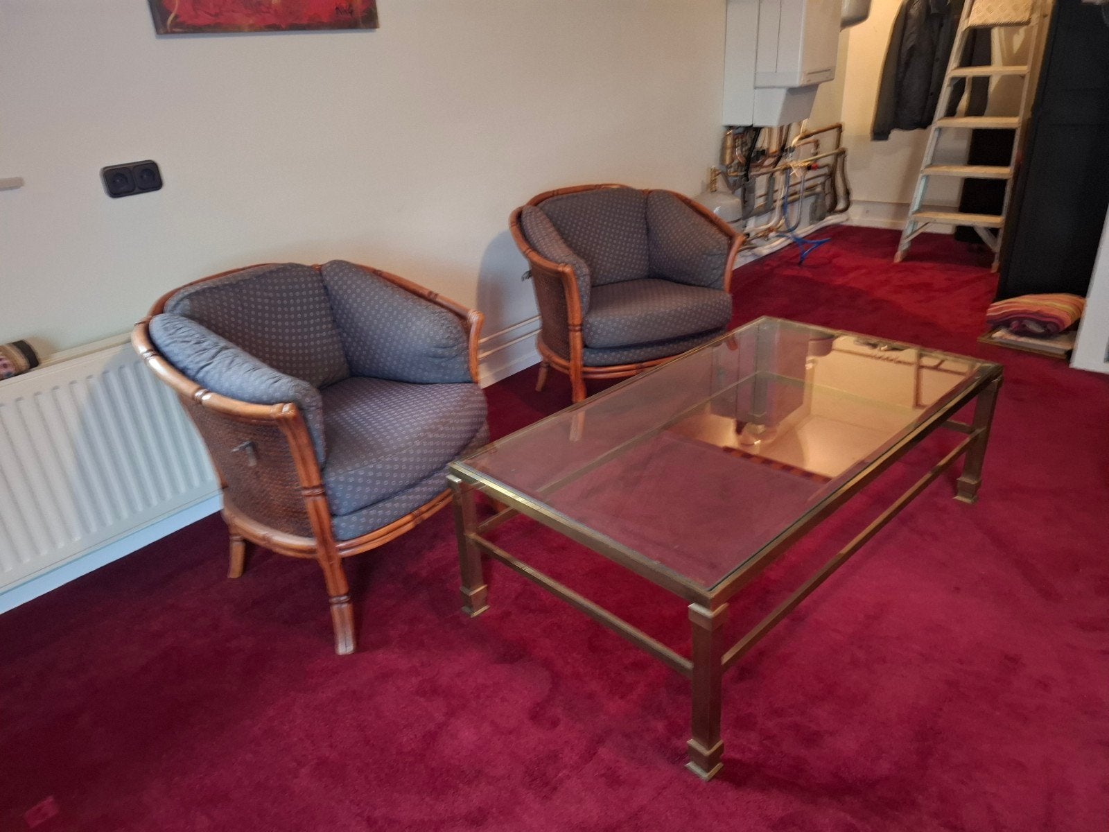 Set van 2 rotan fauteuils met stoffen bekleding, Ophalen, Gebruikt, Minder dan 75 cm, Klassiek, Rotan, Comfortabel