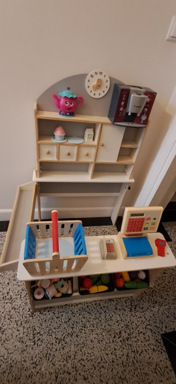 Houten kinderwinkel met groenten, fruit en gebakjes, Ophalen, Gebruikt, Ontdekken, Met geluid