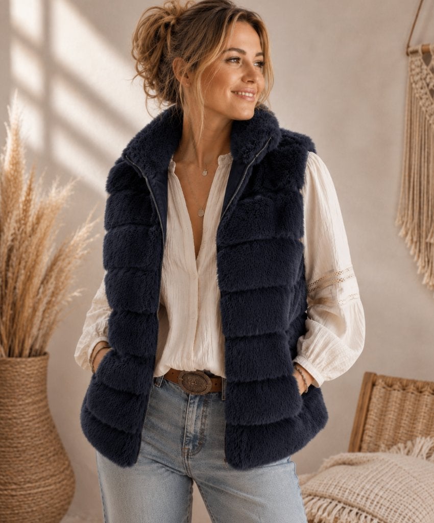 Fluffy Body warmer Navi Blue one size 36/42, Kleding | Dames, Ophalen of Verzenden, Nieuw, Maat 38/40 (M), Blauw
