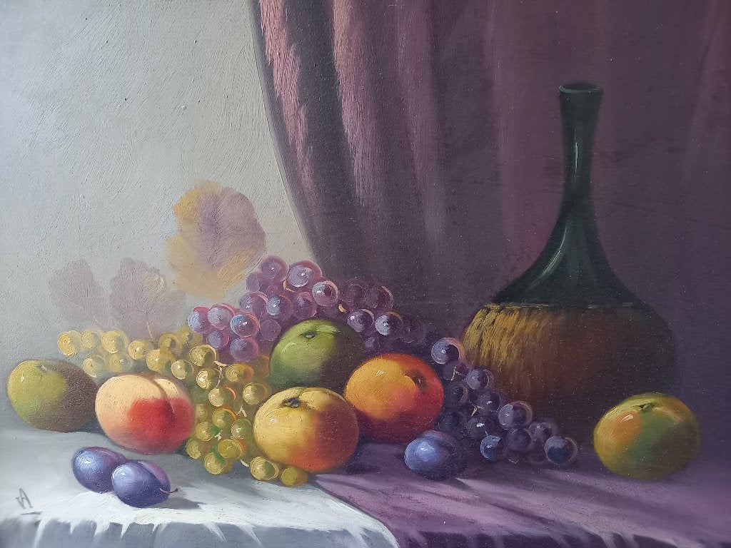 Klassiek stilleven met fruit en fles, olieverf op doek, Antiek en Kunst, Ophalen, Doek, Stilleven, Gesigneerd
