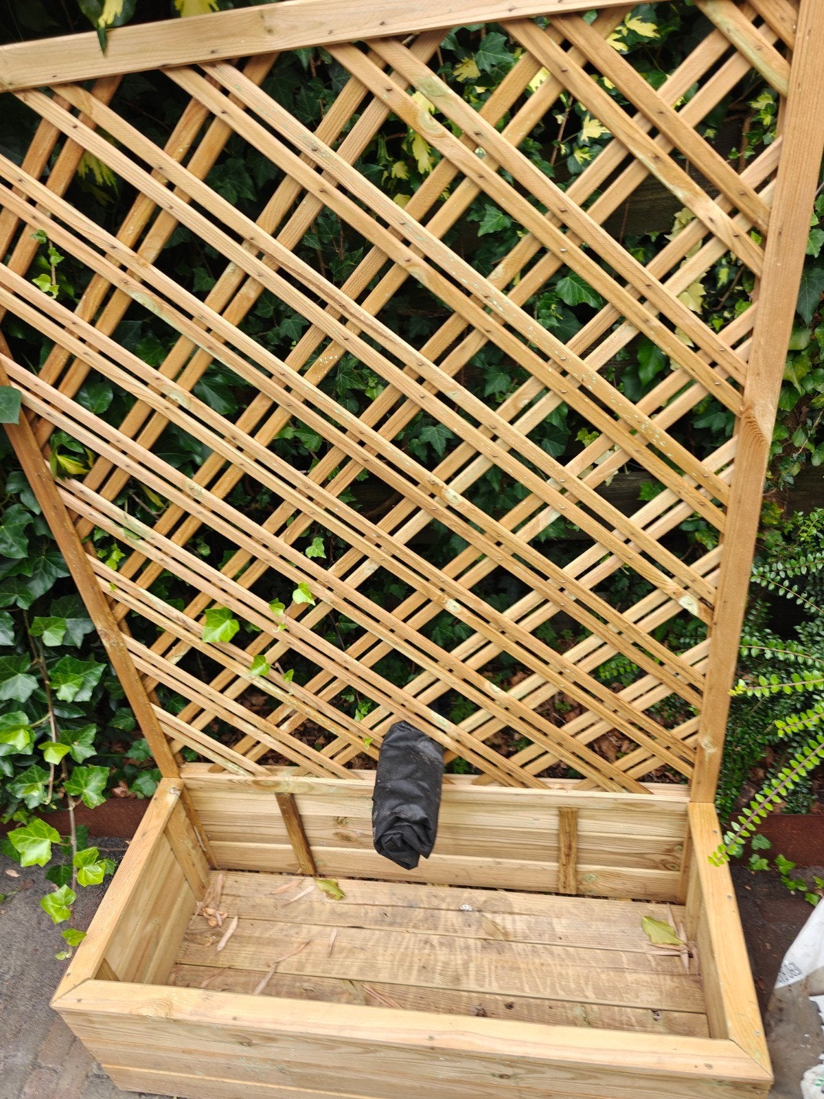 Houten bloembak met klimrek en worteldoek, Ophalen, Gebruikt, Balkon, 60 tot 100 cm