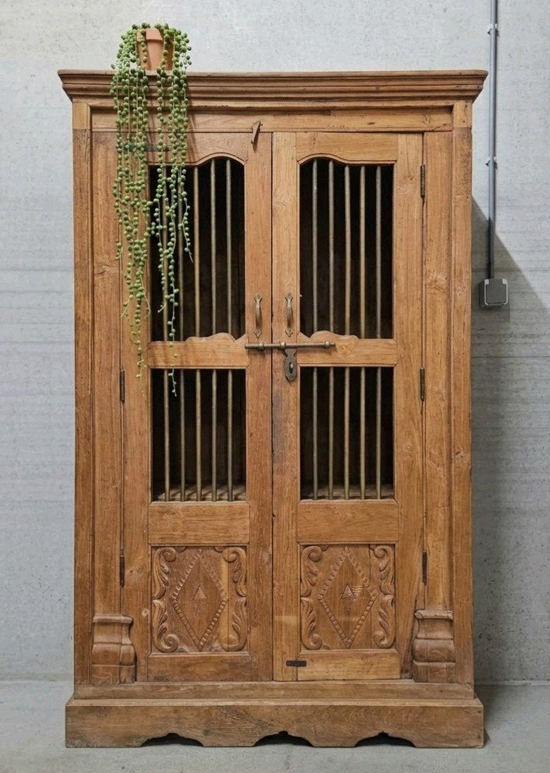 Antieke XL teakhouten authentieke spijlenkast vintage kast, Ophalen of Verzenden
