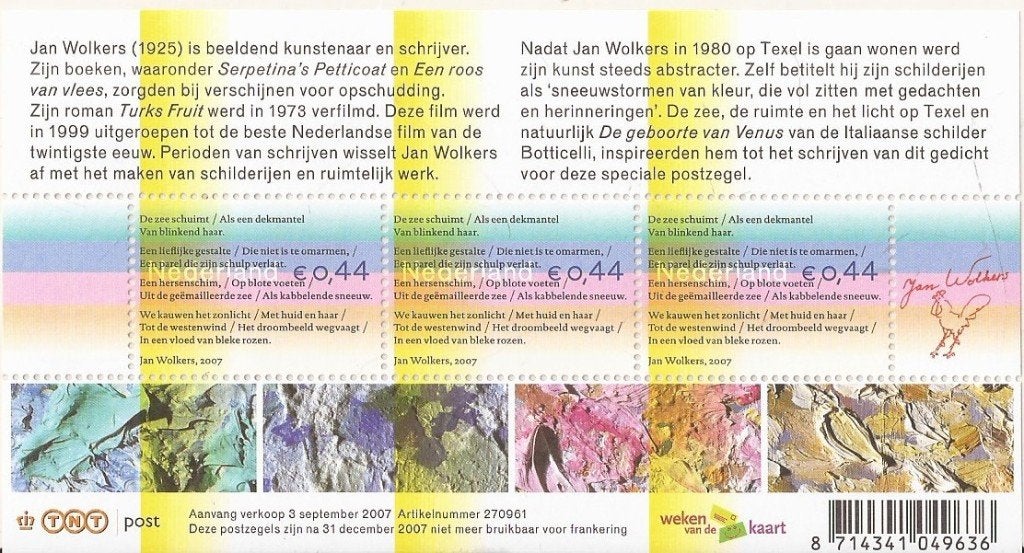 Weken van de Kaart Jan Wolkers Blok  2007 NVPH 2518, Postzegels en Munten, Ophalen of Verzenden, Na 1940, Postfris