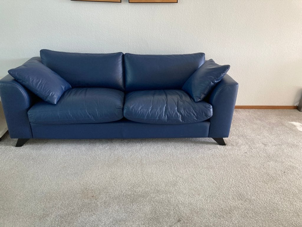 Montel blauw lederen 2,5 zits bank, Huis en Inrichting, Banken | Bankstellen, Ophalen, Gebruikt, 150 tot 200 cm, Tweepersoons