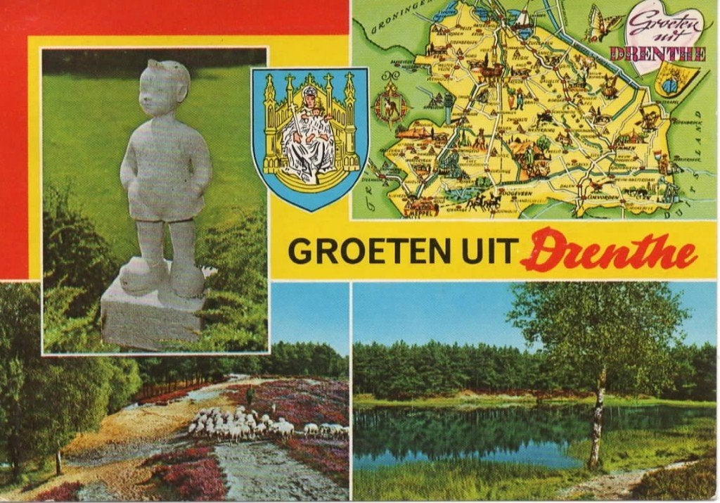 Ansichtkaart Drenthe, 4-luik, Bartje, schapen, ven, kaart, Ophalen of Verzenden, 1960 tot 1980, Gelopen, Drenthe