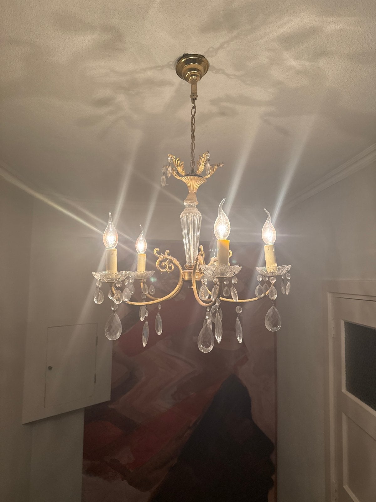 Sierlijke 5-arms kroonluchter messing met kristallen pegels, Ophalen of Verzenden, Gebruikt, Metaal, E14 (klein)