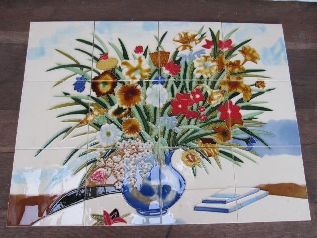 Tegeltableau bloemen decor in relief 12 losse tegels 15x15cm, Ophalen of Verzenden, Nieuw, Steen/keramiek, Wandtegel