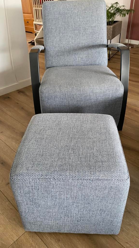 Hoekbank met fauteuil en poef, blauw gemêleerd, Ophalen, 250 tot 300 cm, Gebruikt, Hoekbank