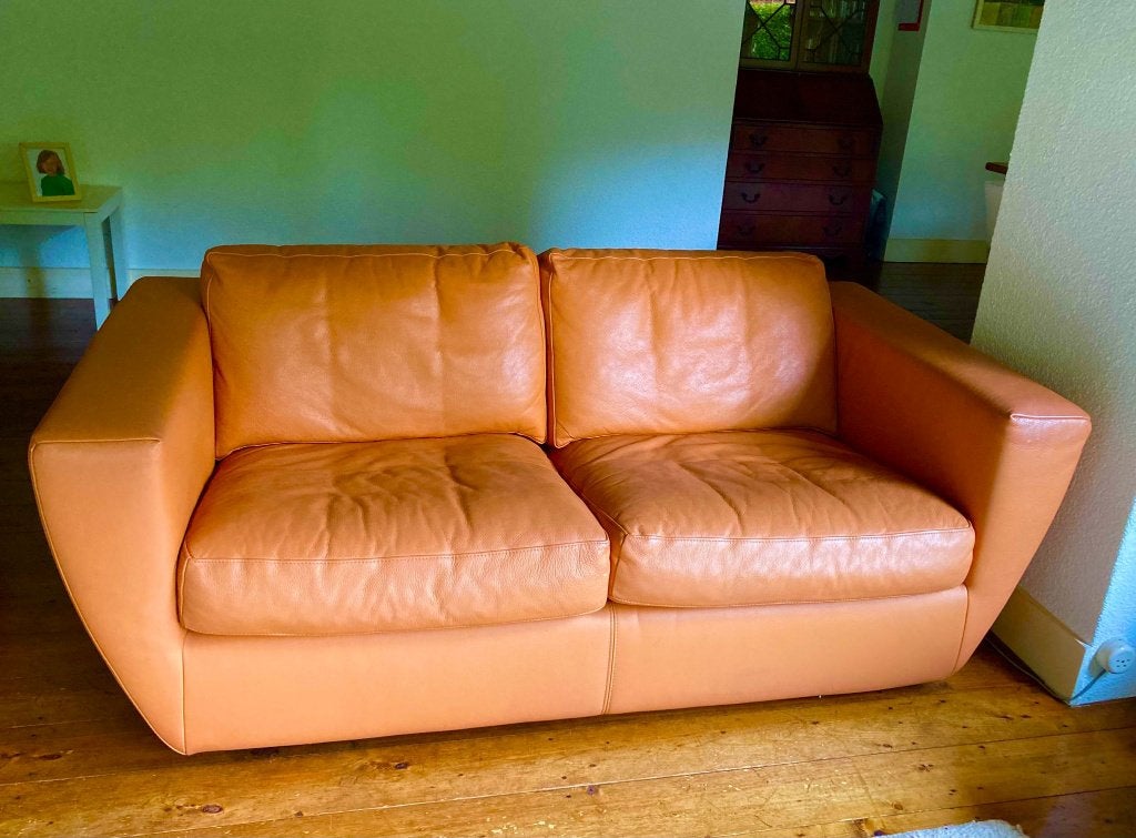 oker gele leren bank, Huis en Inrichting, Ophalen, Gebruikt, 150 tot 200 cm, Tweepersoons