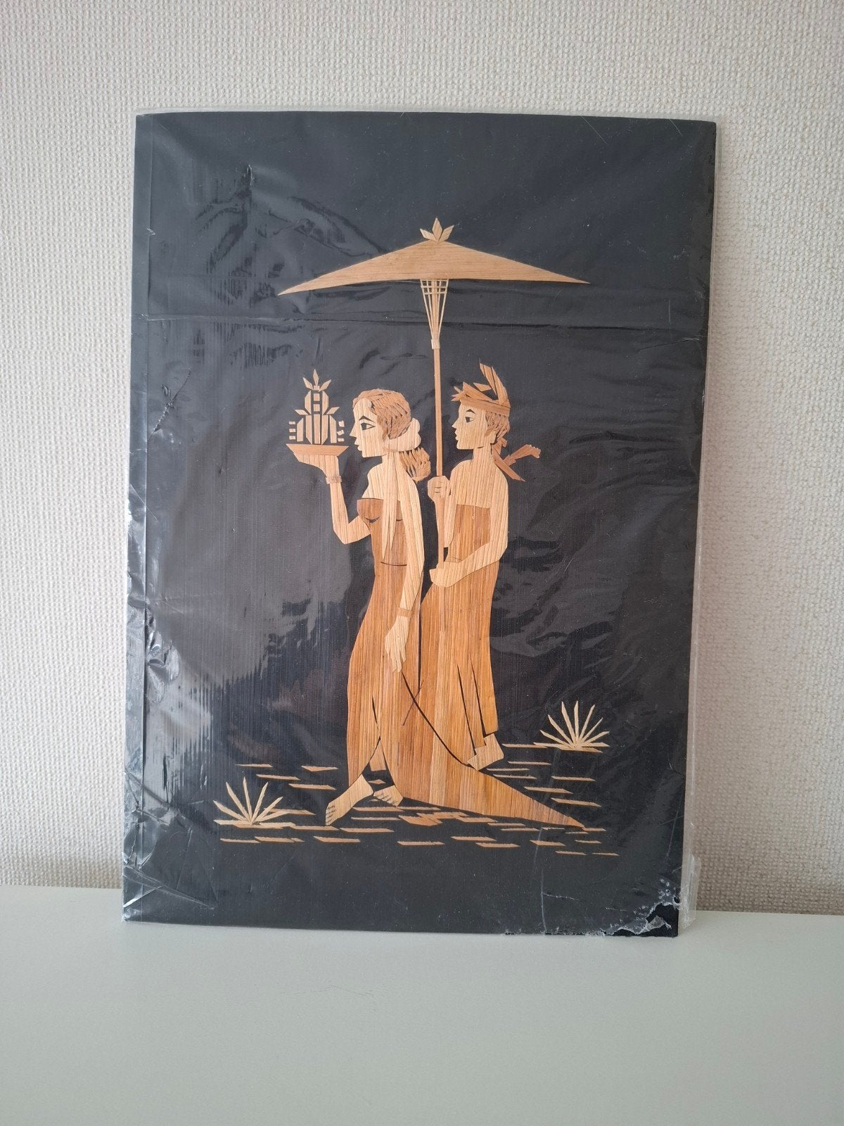 Vintage rijst stro inleg kunstwerk. Indonesisch. 30x21 cm., Antiek en Kunst, Handgemaakt, Schilderij, Natuurlijk materiaal, Ophalen of Verzenden
