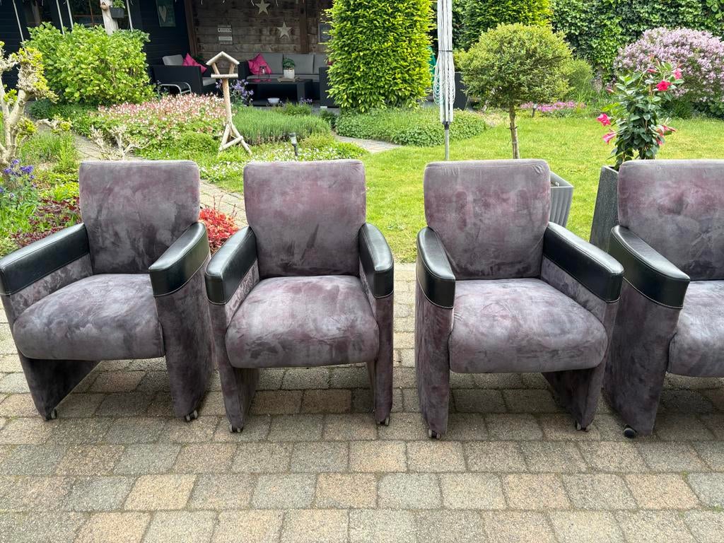 Set van 4 paarse stoelen met leren armleuningen, Ophalen of Verzenden, Gebruikt, Rond, Minder dan 30 cm