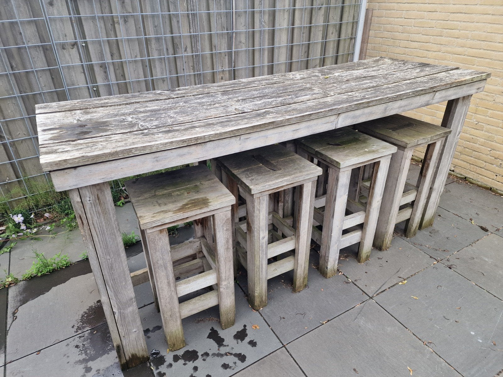 Robuuste houten bartafel met 7 krukken, Ophalen, Gebruikt, Rechthoekig, Hout