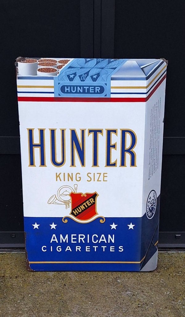 Vintage XXL Hunter King Size emaille reclamebord., Reclamebord, Gebruikt, ., Ophalen of Verzenden