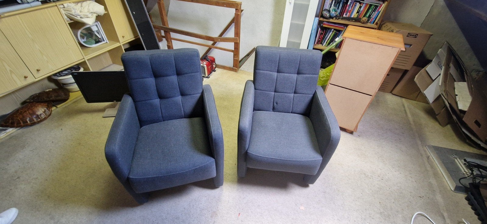 Twee comfortabele fauteuils - Grijs gestoffeerd, Ophalen, Gebruikt, 75 tot 100 cm, 50 tot 75 cm