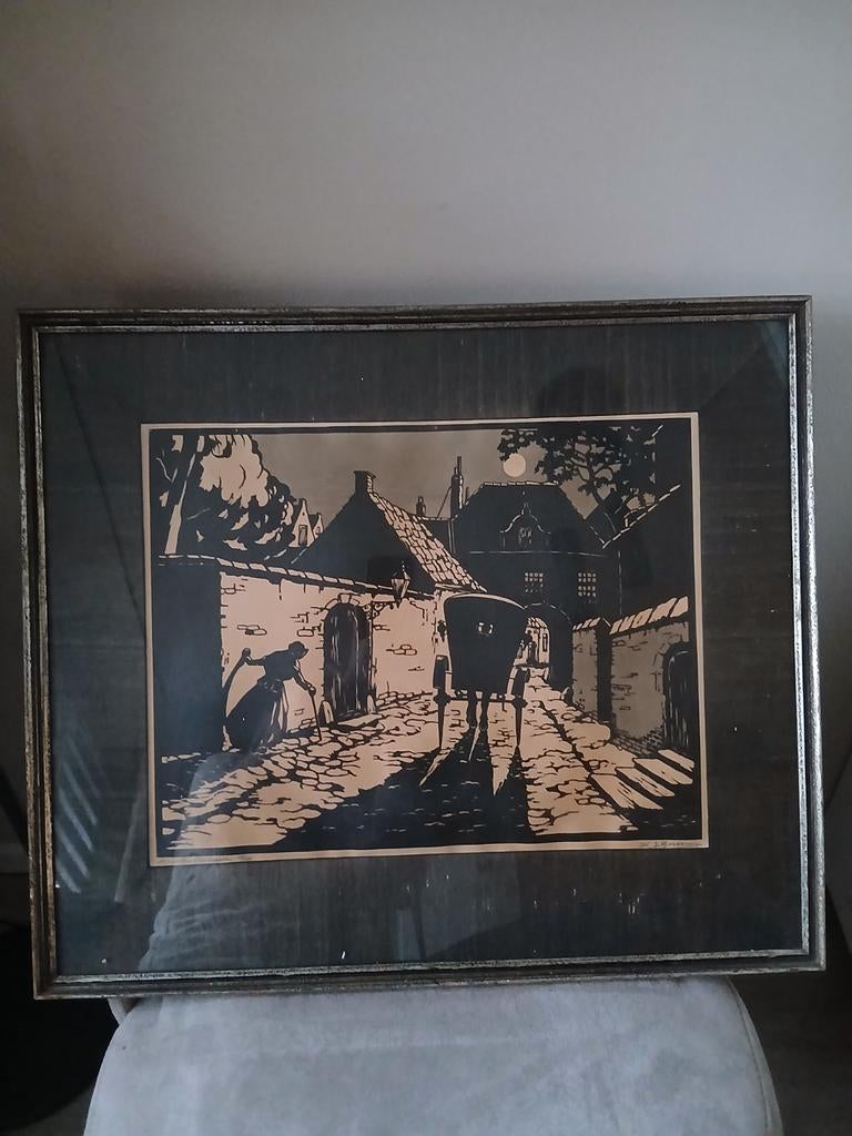 Lino snede van H.J. Gorter - Nachtelijk Straatbeeld, Antiek en Kunst, Ophalen of Verzenden