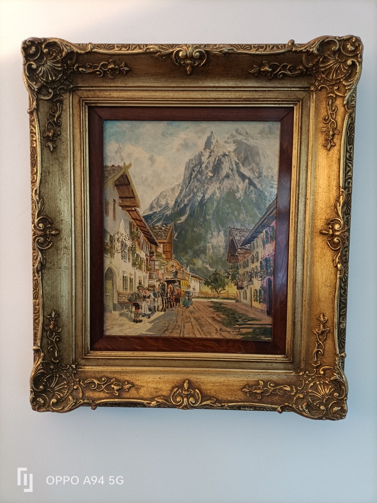 Oud schilderij: Berglandschap met dorp en figuren, Doek, Ophalen of Verzenden, Landschap, Olieverf
