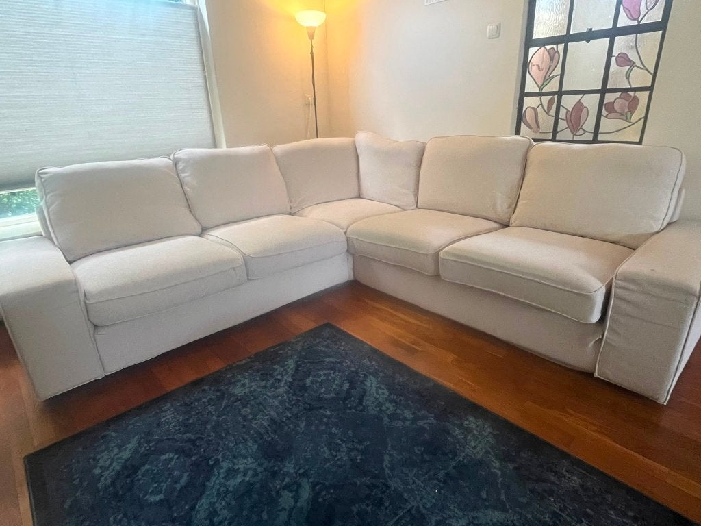 IKEA KIVIK 4-zits hoekbank lichtbeige – 257  x 257 cm, Ophalen, 250 tot 300 cm, Gebruikt, 75 tot 100 cm