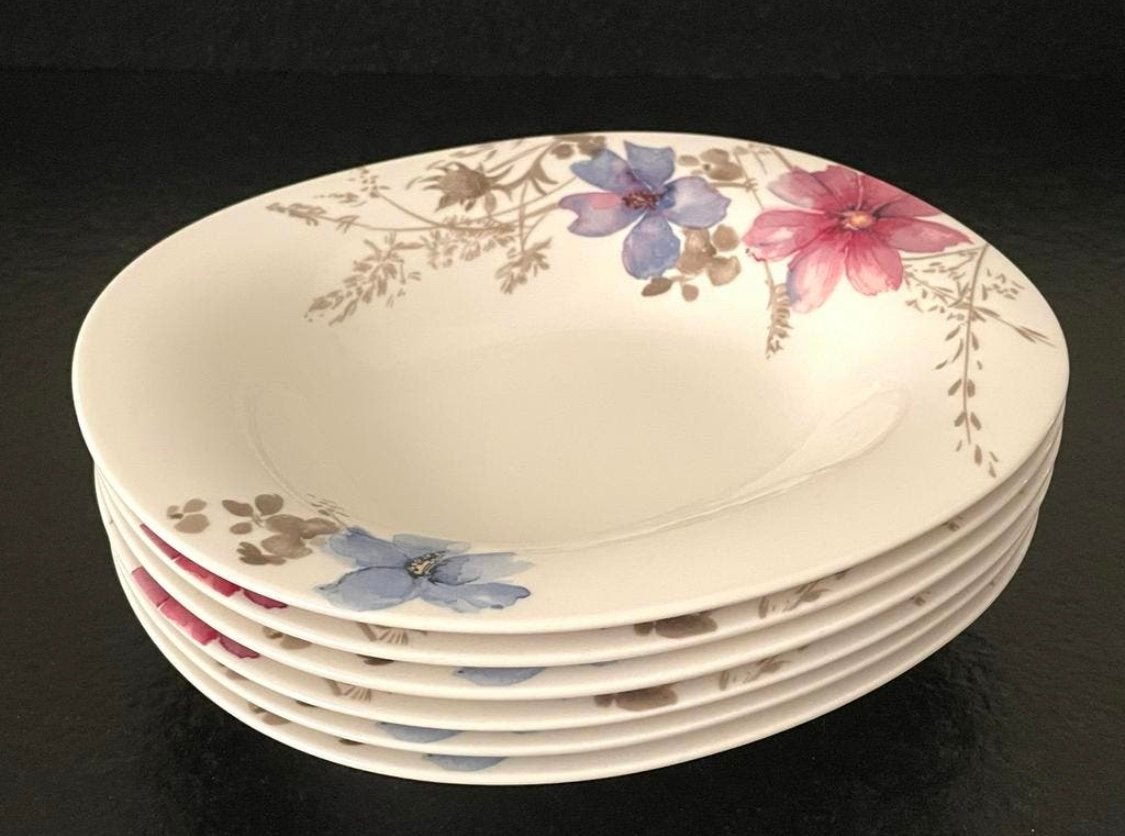 ZGAN ! 6 Ovale Diepe Soep-Borden Villeroy & Boch Bloemmotief, Ophalen, Zo goed als nieuw, Villeroy & Boch, Bord(en)