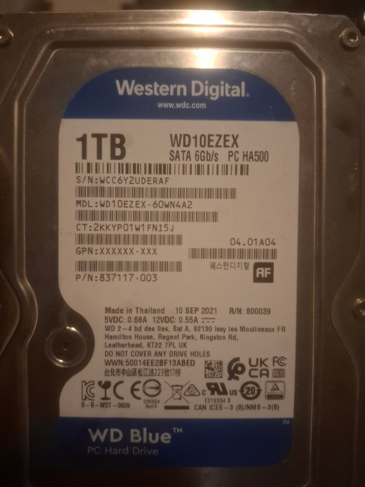 westerndigital 1tb hdd, Computers en Software, Harde schijven, Ophalen, Zo goed als nieuw, Desktop, Intern